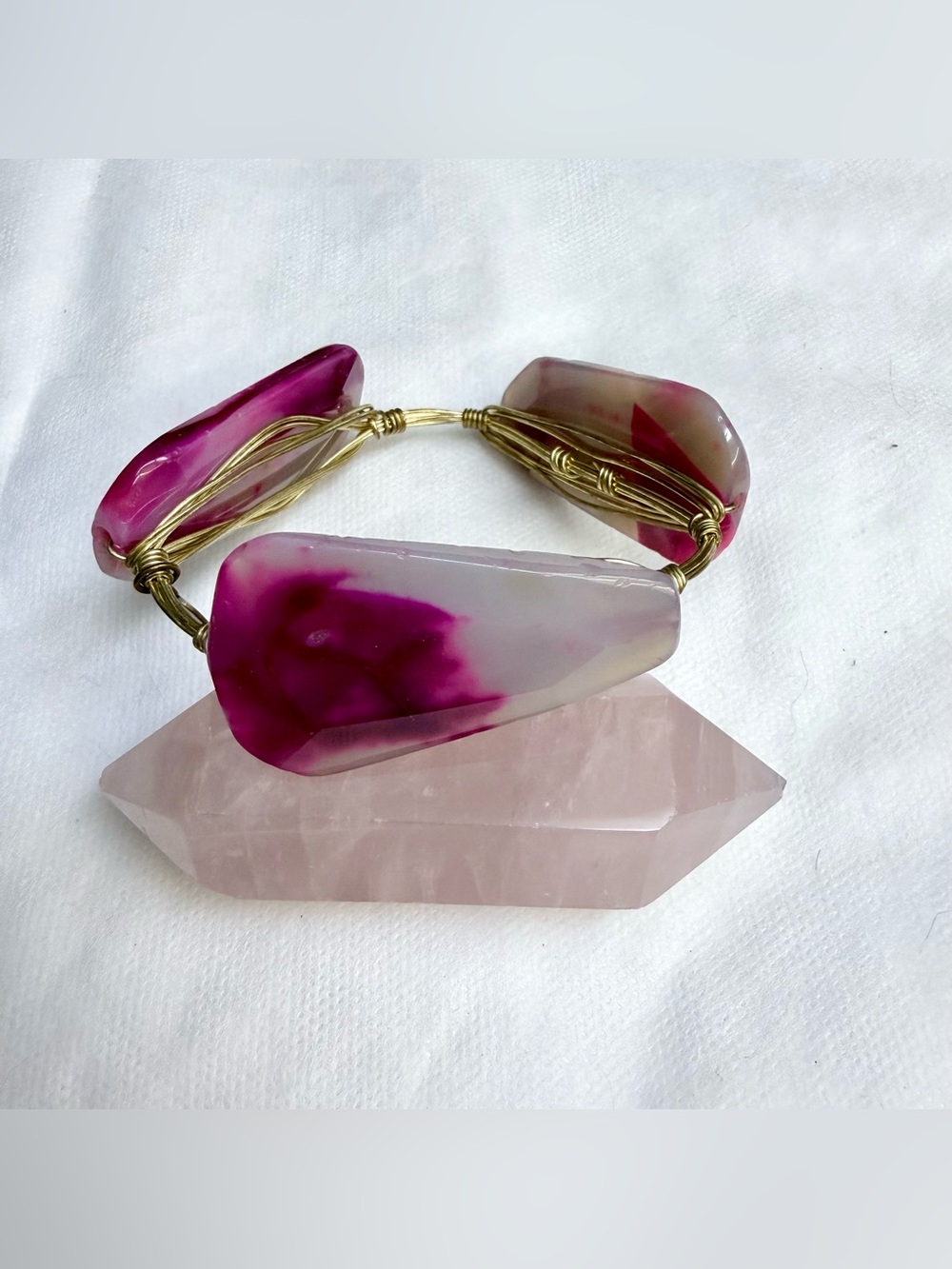Bourbon and Bowties pink agate wrapped gold wire bracelet
